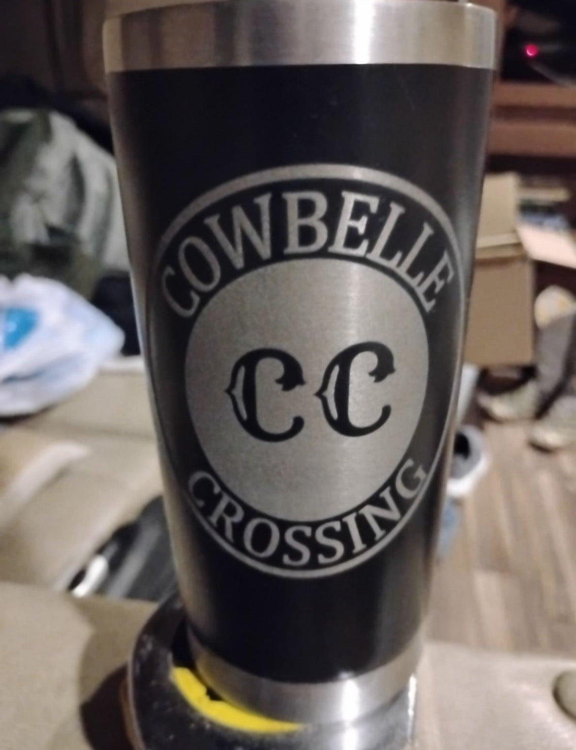 Custom Engraved 20oz Tumbler – "Cowbelle Crossing" Design